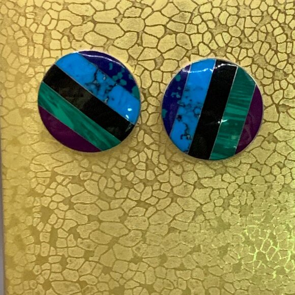 CII MEXICO Stone Inlay 925 Sterling Silver Vtg Mexican Pierced Earrings J610 - Picture 4 of 8